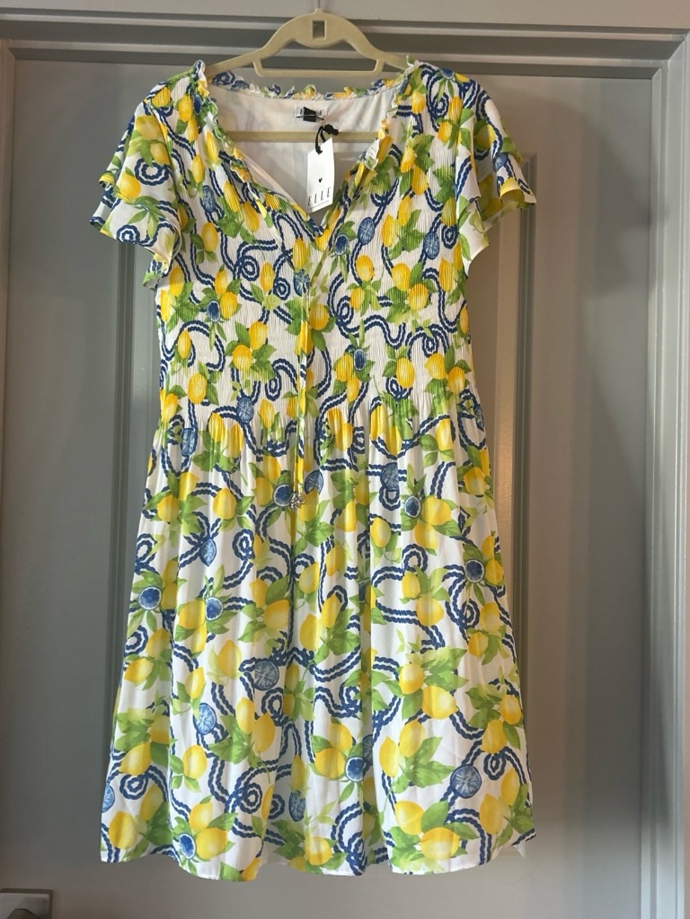 Elle Floral Lemon-Print Cotton Sundress in White, Yellow & Blue - Picture 1 of 4